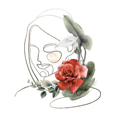 Abstract minimal woman portrait with watercolor flowers, fashion concept, line art