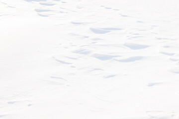 Surface covered with pure white snow with an abstract pattern formed by a cold winter wind