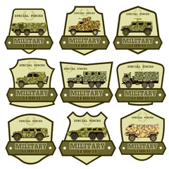 Set of 9 multicolored retro car emblems