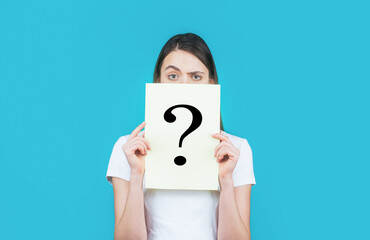 Girl holding paper question mark. Anonymous, woman question, incognita. Anonymous woman. Female...