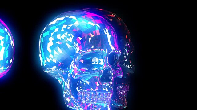 Seamless animation of fluorescent lowpoly skulls. Cool Halloween background