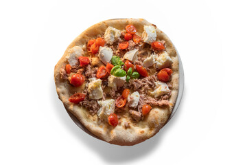 pizza with tuna fillet, mozzarella and cherry tomatoes and basil leaves. Top view isolated on white