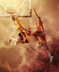 Two basketball players. Blocked shot