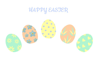 Fototapeta na wymiar Festive greeting card with colored eggs in pastel colors Happy Easter. For printing on covers, decorative pillows, cups, kitchen textiles. 