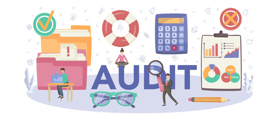 Audit concept typographic header. Business operation research and analysis.
