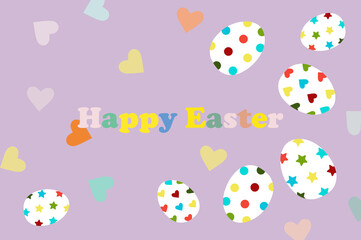 Greeting card with colored eggs on a lilac background
 Happy easter. For printing on decorative pillows, brochures, leaflets, cups, kitchen textiles. 