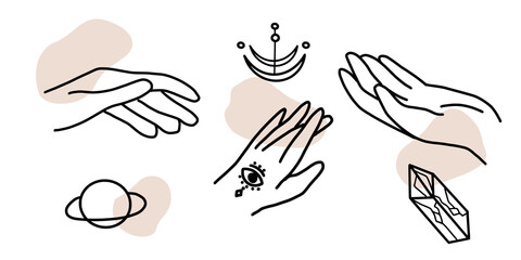 Set of woman hands, palm, esoteric symbols and signs