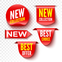 New collection, best choice and offer banners. Red sale tags. Stickers. Vector illustration.