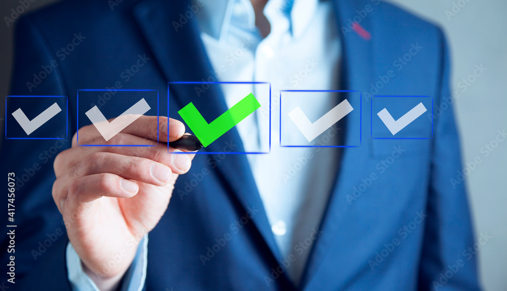 Poster man with check mark on virtual screen