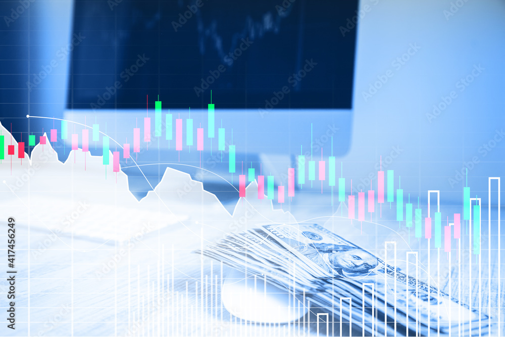 Poster money with computer on table and graph chart