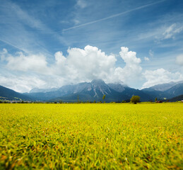 Splendid green golf field in Lermoos village. Location place Austrian Alps, Austria, Europe.