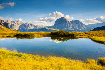 Splendid landscape in Val Gardena on a sunny day. Location place Dolomite, Italy, Europe.