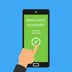Finger presses the button on the immunity mobile passport flat vector illustration.