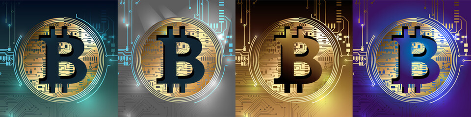 Set of bitcoin signs. Bitcoin digital cryptocurrency in circuit board style. Vector Illustration