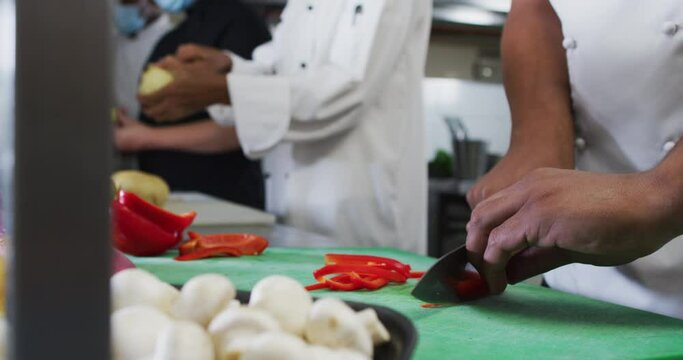 Midsection of diverse group of chefs cutting vegetables in restaurant kitchen