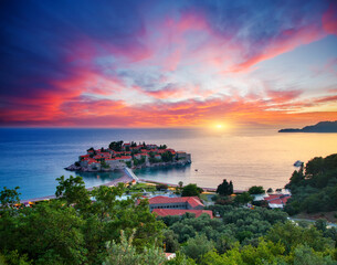 Dramatic view of the small islet Sveti Stefan. Location place Montenegro, Adriatic sea, Europe.
