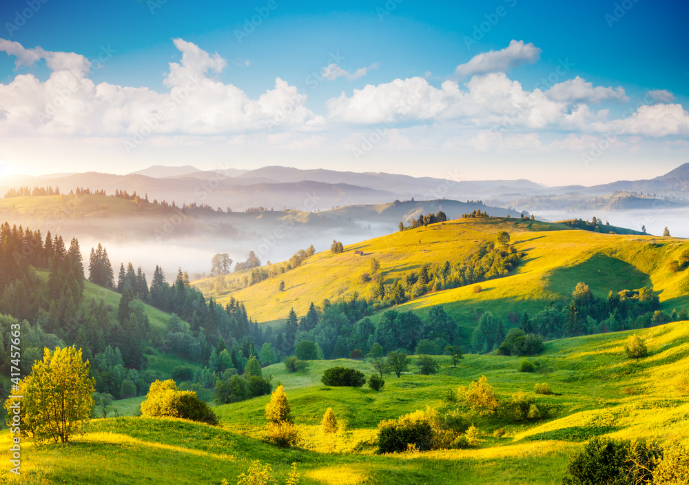 Sticker Great countryside landscape in morning light. Location place Carpathian mountains, Ukraine, Europe.