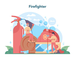 Fireman concept. Professional fire brigade firhting with flame