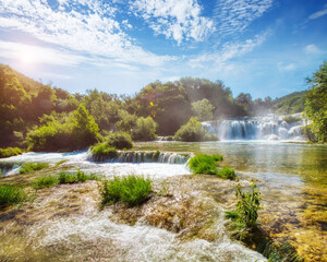 Skradinski buk most popular waterfall in Krka National Park. Location place Sibenik city, Croatia, Europe.
