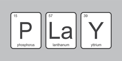 Chemical elements of the periodic table. Funny phrase - PLAY. Chemistry slogan. Monochromatic design template for web, print or decoration.