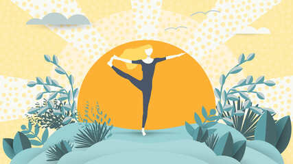 Spiritual therapy for body and mind with harmony yoga vector illustration. Wellness and health in nature. Mentally calm girl on the background of the sun. Balance and serenity of mind and body