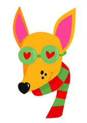 A fox in green glasses with hearts and a striped scarf is a funny character
