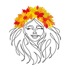 Autumn girl with long flowing hair with a wreath of leaves on her head. Isolated over white background. Vector illustration, minimalism, abstraction, lineart, continuous line. Postcard, poster, backgr
