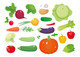 Set of stylized vegetables isolated. Vector illustration, cartoon, icons, stickers, emblems, design elements for packaging, labels. Postcard, poster, background.