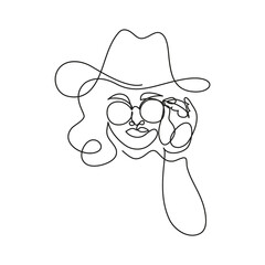 Woman with curly hair wearing hat and glasses. Vector illustration, minimalism, abstraction, one continuous line, sketch. Postcard, poster, label, logo, symbol, icon