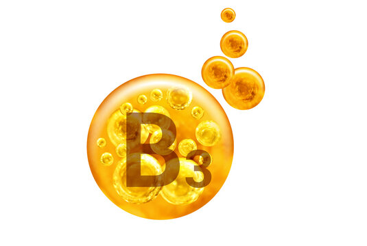  Vitamin B3 capsule. Golden balls with bubbles isolated on white background. Healthy lifestyle concept.