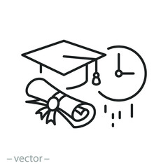 graduate time icon, education study hour, start learn university, clock and schedule, graduation on quarantine concept, diploma and cap, thin line symbol on white background - editable stroke vector