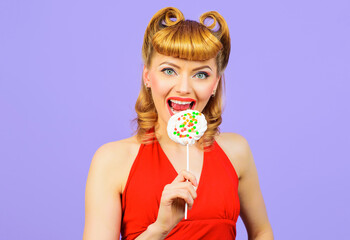 Sexy girl licking lollipop. Satisfied woman with candy. Sweet life and confectionery. Beautiful female with fashion hairstyle.