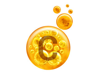 Obraz premium Vitamin C capsule. Golden balls with bubbles isolated on white background. Healthy lifestyle concept.