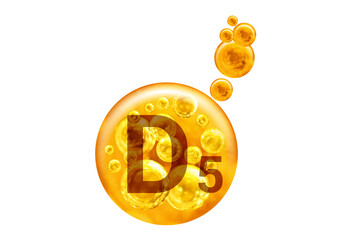  Vitamin D5 capsule. Golden balls with bubbles isolated on white background. Healthy lifestyle concept.