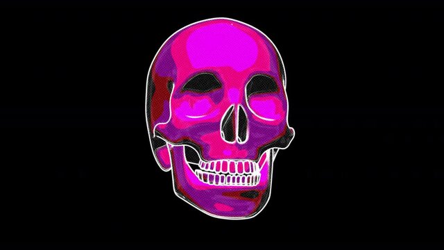 Seamless animation of a skull in halftone cartoon style with stroke isolated with alpha channel