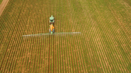 Aerial view tractor spraying the chemicals on the large green field. Spraying the herbicides on the farm land. Treatment of crops against weeds.