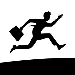 A young business man in a tie and with a briefcase in hand is in a hurry. Runs at high speed. Isolated black silhouette. Vector cartoon illustration.