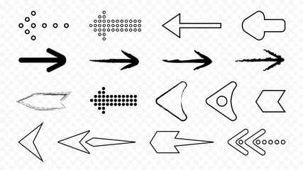Contour and pixel black arrows isolated icons. Techno futuristic pointers from filled and empty geometric squares various shapes and vector directions.