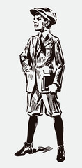 Standing schoolboy from early 20th century wearing knickerbockers and cap, holding two books