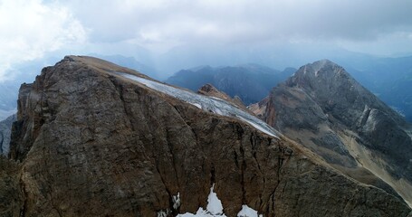The Marmolada glacier in summer: Aerial view of the last and the only glacier of the Dolomites,...