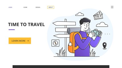 Time to Travel website template with tourist wearing a backpack with camera in front of a signpost, colored vector illustration with copyspace. Website, web page, landing page template