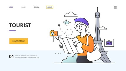 Tourist, Tourism and Travel website landing page design with a young woman standing consulting a map in front of the Eiffel Tower, colored vector illustration. Website, web page, landing page template