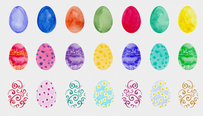Happy easter. Watercolor sets of hand drawn colored Easter eggs on light textured background.