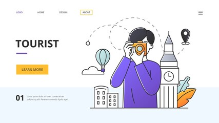 Tourist and travel concept with man photographing assorted landmarks on a camera in a website template with copyspace, colored outline vector illustration. Website, web page, landing page template