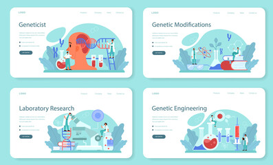 Geneticist web banner or landing page set. Medicine and science technology