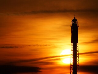 Sunset over the Castillo of San Sebastian Lighthouse in Cadiz, Spain