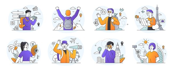 Tourism and recreation concept with eight scenes of tourists at various activities, hiking in mountains and posing near landmarks, Set of outline minimal style vector illustrations isolated on white