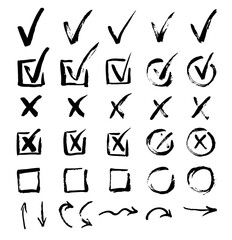 Doodle Check Marks Black Thin Line Set. Vector