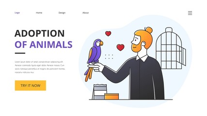 Adoption of shelter animals concept with modern young man with parrot on his arm and text in a website template with copyspace, colored vector illustration. Website, web page, landing page template © Rudzhan