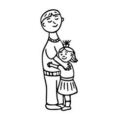 Father and daughter. Black isolated on white background. Doodle for cards, posters, stickers and designs in cute childish style. Hand drawn vector illustration.